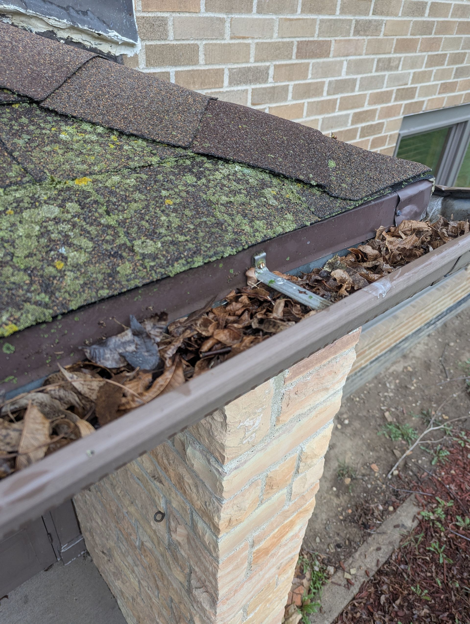 Gutters filled with leaves and debris on a brick building, near a roof covered in moss.