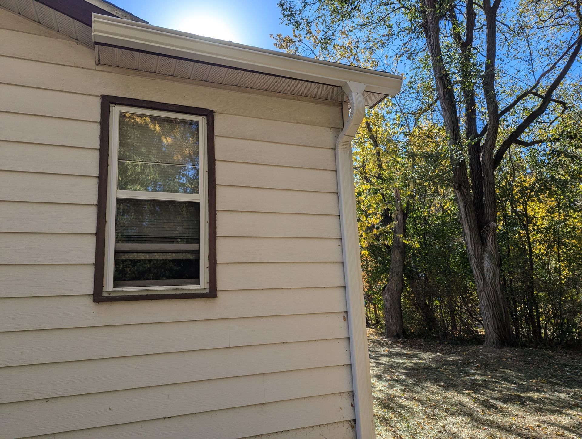 Exterior of a beige house with a window, brown trim, and guttering, with trees in the background.