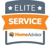 HomeAdvisor Elite Service badge with orange ribbon and gray backing.