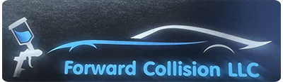 Logo for Forward Collision LLC. Features a car silhouette and spray paint gun in blue on a dark background.