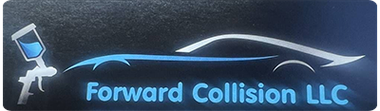 Logo for Forward Collision LLC. Features a car silhouette and spray paint gun in blue on a dark background.