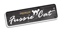 Black “Fussie Cat” premium cat food label with white script and a cat silhouette