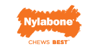 Nylabone logo in white on an orange paint-stroke background with “CHEWS BEST” below