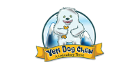Yeti Dog Chew logo with a smiling white yeti holding a treat and a yellow banner