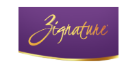 Gold cursive “Signature” on a purple banner with a curved gold bottom edge