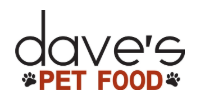 Dave’s Pet Food logo with black and red text and paw prints on a white background
