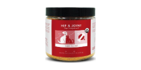 Red jar label reading “hip & joint” with black lid on a white background