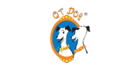 Logo of a black-and-white dog in a blue oval, with orange text reading “QT Dog” above it