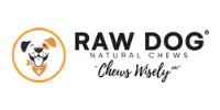 Raw Dog Natural Chews logo with orange dog face icon and black “Chews Wisely” text