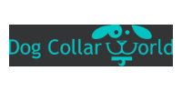 Dog Collar World logo in turquoise on a dark gray background, with a stylized dog face above the text