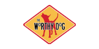 Yellow diamond sign with red border reading “The Worthy Dog” in black and red text.