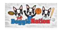 Three cartoon dogs with sports gear and a basketball, “DoggieNation” logo text