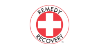 Circular red and white “Remedy Recovery” logo with a red cross in the center