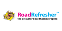 RoadRefresher logo with pink and blue text and a cartoon pet water bowl