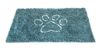 Blue pet mat with a white paw print design