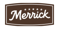 Merrick logo in white script on a brown shield-shaped background
