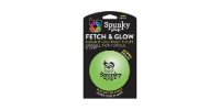 Spunky Pup Fetch & Glow dog toy package with black background and green ball graphic