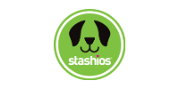 Green circular logo with a black dog face and the word “stashios” below it