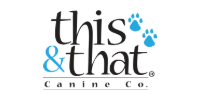 Logo for “this & that canine co.” in black and blue with paw prints