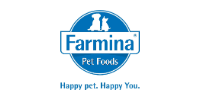 Farmina Pet Foods logo in blue with two white dog silhouettes and the slogan “Happy pet. Happy You.”