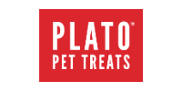 PLATO PET TREATS logo in white text on a red background