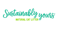 “Sustainably yours” logo with green text and “Natural Cat Litter” tagline