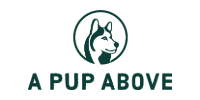 Logo with green dog icon above the words “A PUP ABOVE” in dark green.