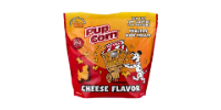 Orange popcorn bag labeled “Pop Corn” with cheese flavor and a cartoon character