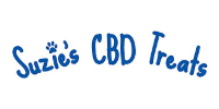 Blue “Suzie’s CBD Treats” logo on a white background