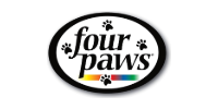 Four Paws logo in a black oval with paw prints and a small red-and-blue paw icon