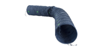 Dark blue flexible dryer vent hose with an elbow bend on a white background