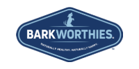 BARKWORTHIES logo in blue and white with a dog silhouette and tagline about natural health and natural treats