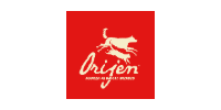Red Orijen pet food logo with a white dog silhouette and white text