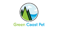 Green Coast Pet logo with green mountains, blue sky, and blue-green text