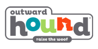Outward Hound logo in gray, teal, orange, and red with the tagline “raise the woof”