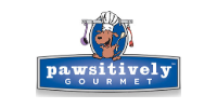 Pawsitively Gourmet logo with a cartoon chef dog above a blue sign