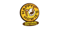 Happy Howies Natural Dog Treats logo with a dog face in a yellow circle on a white background