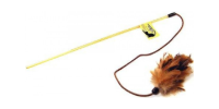 Yellow fishing rod with line and brown feather lure on a white background