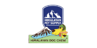 Himalayan Pet Supply logo with a blue pet emblem and “Himalayan Dog Chew” text, plus a dog chewing a bone in grass