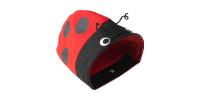 Red and black ladybug-shaped helmet with a small antenna
