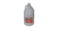 Gray plastic gallon jug with handle and red label on a white background