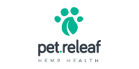 Pet Releaf logo with teal hemp leaf icon and gray text on white background