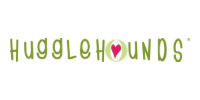 Hugglehounds logo in green with a pink heart inside the “o”