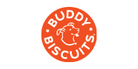 Buddy Biscuits orange logo with a dog’s face and circular text on a white background