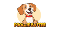 Cartoon dog logo with smiling brown-and-white puppy and the text “POOCHIE BUTTER” on a white background