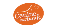 Canine Naturals logo: white handwritten text on an orange oval with a dog outline