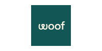 Teal square logo with white lowercase “woof” text