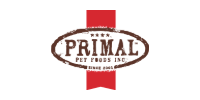 PRIMAL Pet Foods logo with brown oval text over a red ribbon on white background
