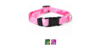 Pink and black patterned pet collar with a buckle and small accessory pieces below