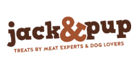 Jack & Pup logo with brown text and paw-print ampersand, tagline “treats by meat experts & dog lovers”